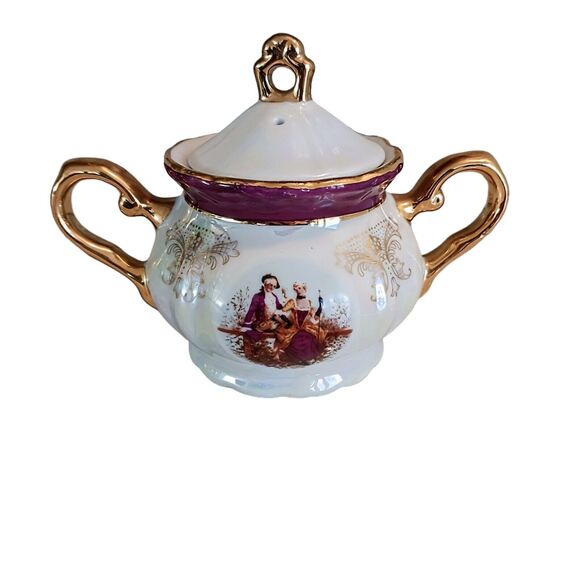 GNA Fine Porcelain Sugar Bowl w Lid 24k Hand Painted Victorian Iridescent Vintag - Picture 4 of 11